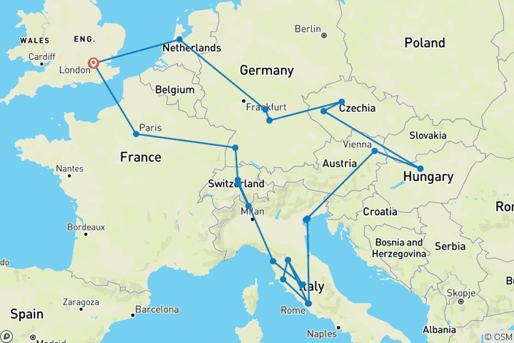 Map of Romantic European (Small Groups, Start London, End London, 20 Days)