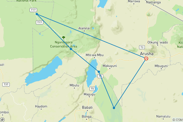 Carte du circuit Découvrez la Tanzanie lors d'un safari de groupe de 4 jours au départ de l'aéroport d'Arusha.