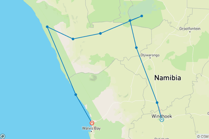 Map of 6 Day Etosha, Himba & Skeleton Coast Camping Safari