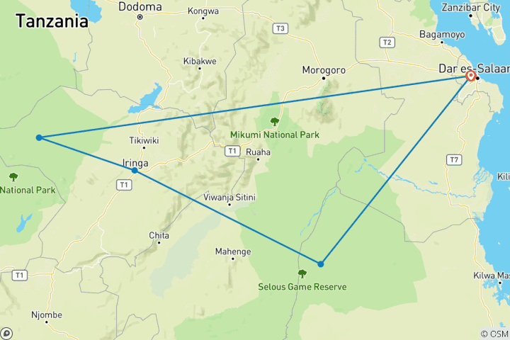 Map of 6 Day Safari Big Five at Selous and Ruaha