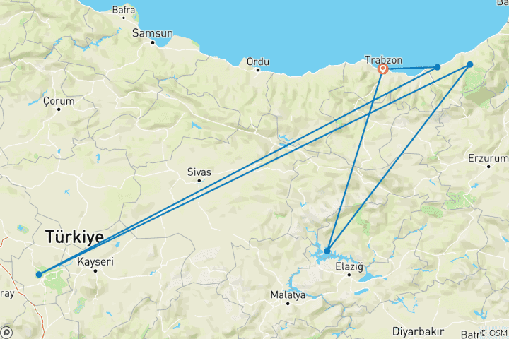 Map of Private 4-Day Black Sea Short Break: Sümela, Uzungöl, Ayder & Fırtına Valley from Trabzon