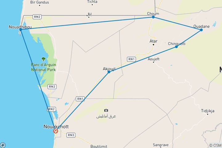 Carte du circuit Aventure d'une vie : Circuit privé de 8 jours en Mauritanie