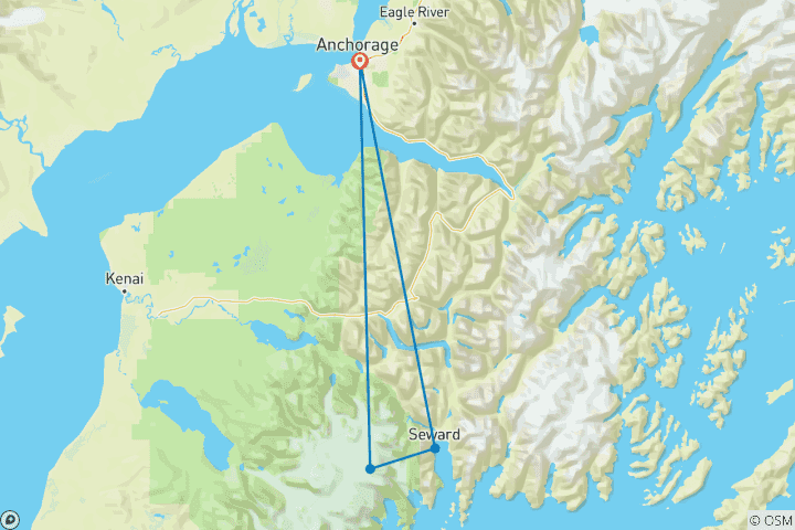 Map of 4 day Alaska Seward Camping Adventure from Anchorage