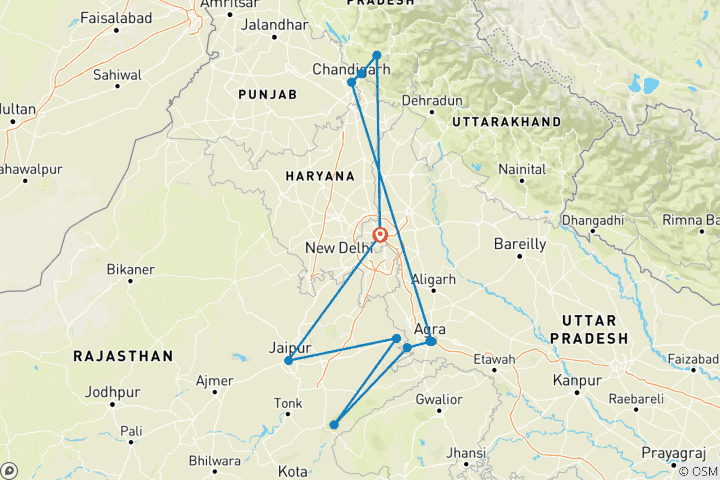 Mapa de Triángulo de oro de la India, tigres y Shimla - Regreso a Delhi (2024)