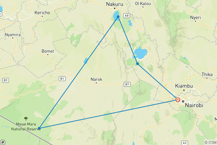 Carte du circuit Découvrez le safari moyen de 5 jours en groupe le plus abordable au monde au départ de Nairobi au Kenya.