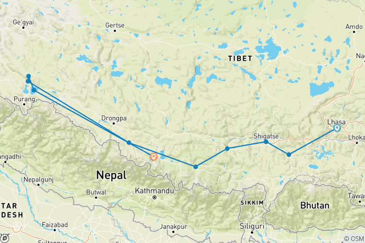 Kaart van 12 dagen Lhasa Mt Everest & Mt Kailash Kathmandu Groepsreis