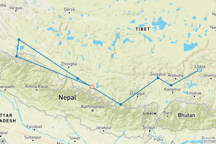 Map of 12 Days Lhasa Mt Everest & Mt Kailash Kathmandu Group Tour