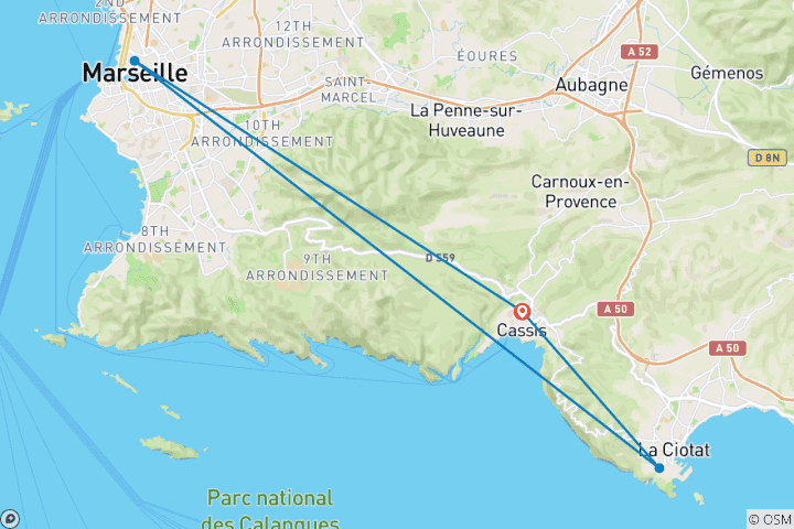Map of Cassis, Calanques Hiking Tour - 5 days