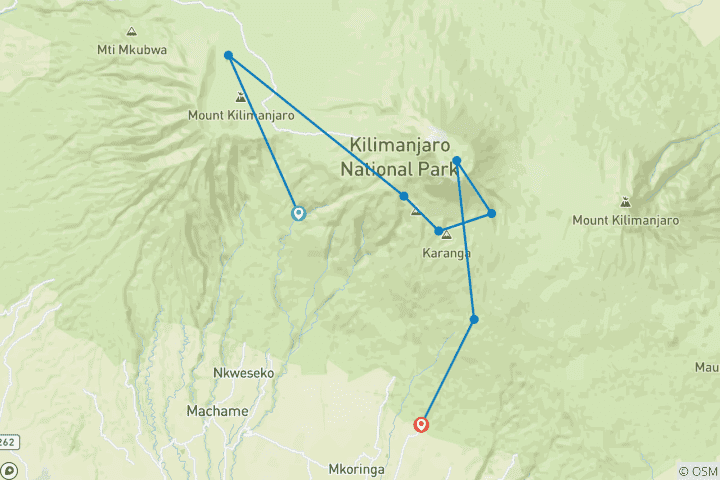 Map of 7 Days Trekking Via Machame Route + 2 Nights’ Hotel