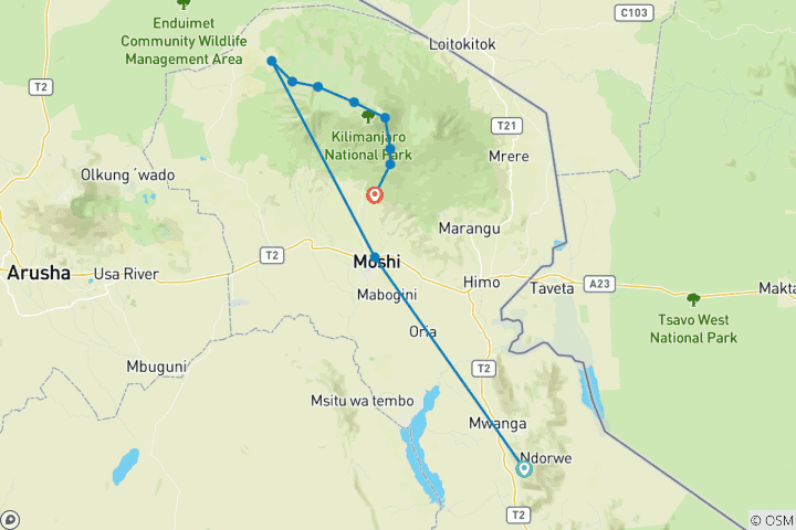 Map of 11 days trek  northern circuit route mount Kilimanjaro