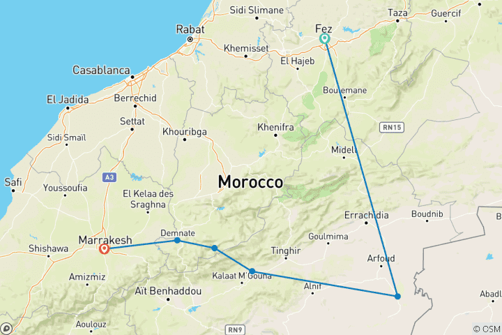 Kaart van Avontuurlijke reis door Marokko – van Fes naar Marrakech