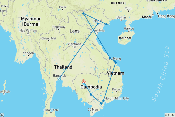 Mapa de Recorridos Culturales por Tailandia, Vietnam y Camboya -15 días/14 Noches