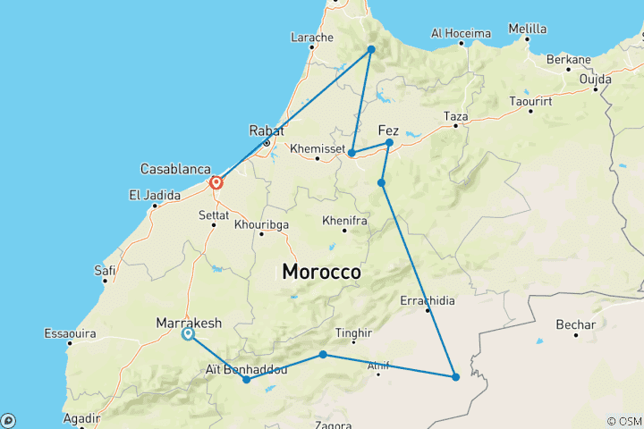 Kaart van Rondreis door Marokko – van Marrakech naar Casablanca – 10 dagen