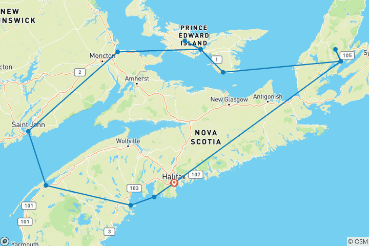 Carte du circuit L'enchantement des Maritimes canadiennes - 10 jours, transfert de l'aéroport d'Halifax et de l'hôtel après le voyage