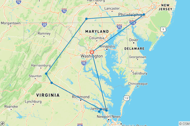 Map of Historic Highlights (8 Days, Washington DC Airport And Post Trip Hotel Transfer)