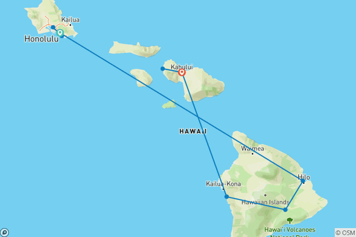 Kaart van Verken Hawaii - een rondreis over de eilanden - van Hilo naar Kahului - 8 dagen