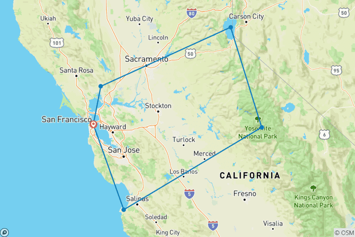 Karte von Nordkalifornien (mit Transfer vom Flughafen San Francisco und vom Hotel nach der Reise) - 8 Tage