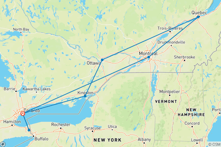 Carte du circuit Le meilleur de l'Est du Canada - fin Toronto, 9 jours, transfert de départ de l'aéroport de Toronto