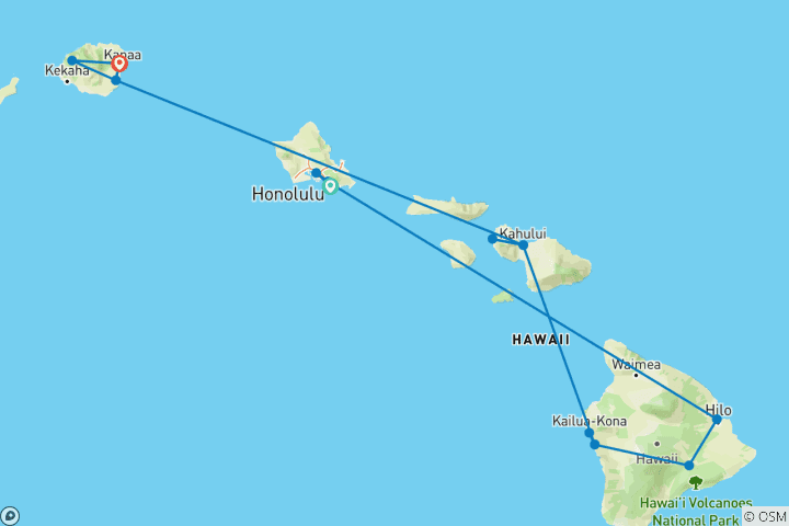 Map of Hawaii Four Island Adventure (13 Days, Intra Tour Air Hilo To Kahului)