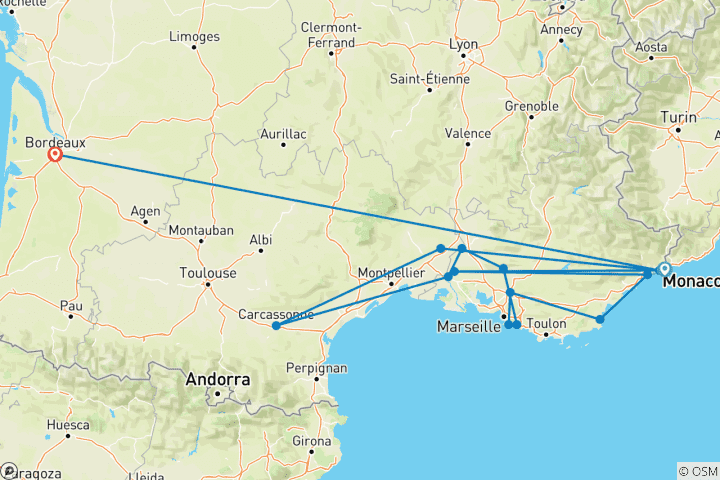 Mapa de Francia meridional Ultimate - grupos pequeños, acaba en Burdeos, 12 días, puerta a puerta