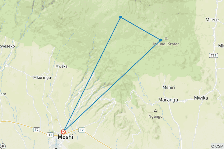 Carte du circuit Découvrez l'ascension du Kilimandjaro en 3 jours la moins chère et la plus abordable sur la route de Marangu.