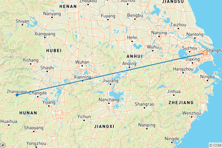 Map of 3-Day Tour to Zhangjiajie from Shanghai by Round-way Flight