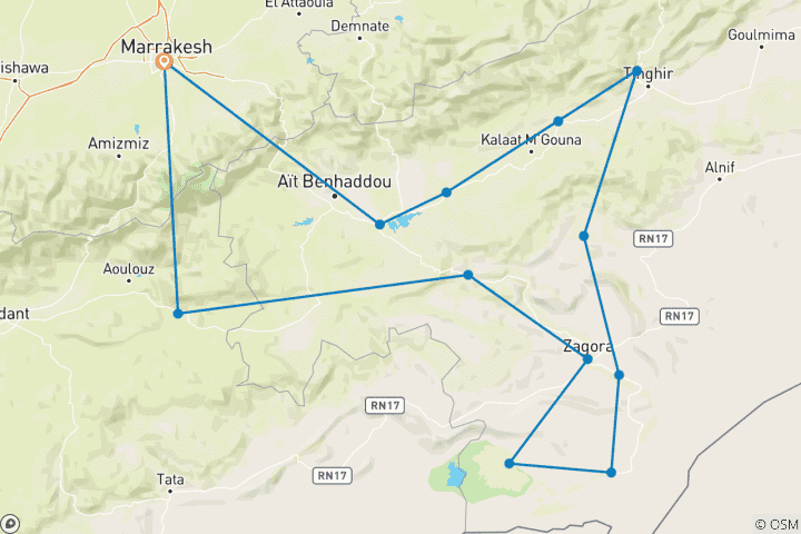 Karte von 9 Tage Südliche Oase, Kasbahs & Wüste Marokko Kulturreise ab Marrakesch