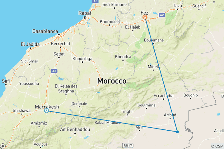 Map of Shared Desert Tour from Marrakech