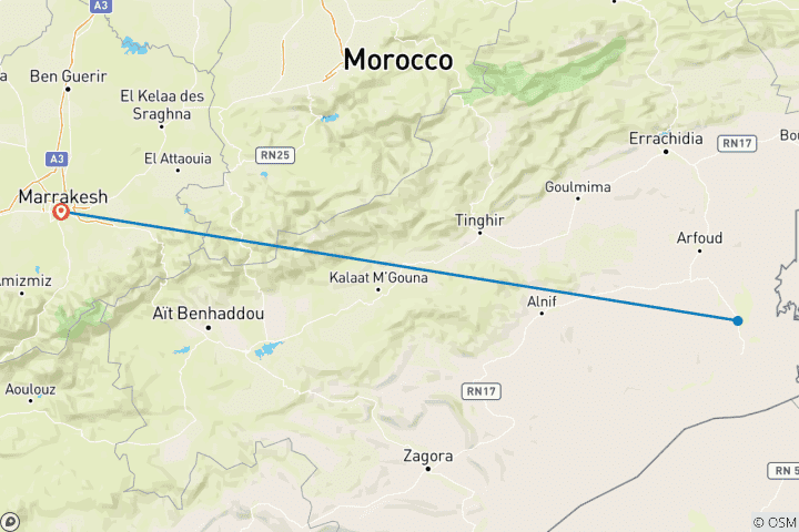 Carte du circuit Circuit au Sahara de Merzouga au départ de Marrakech