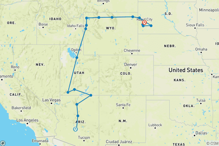 Carte du circuit Les magnifiques parcs nationaux d'Amérique (classique, fin à Rapid City, 15 jours, de Custer à Rapid City, transfert de départ inclus)