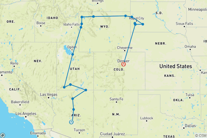 Carte du circuit Les magnifiques parcs nationaux d'Amérique - classique, fin à Denver, 15 jours, transfert de l'aéroport de Denver et de l'hôtel après le voyage