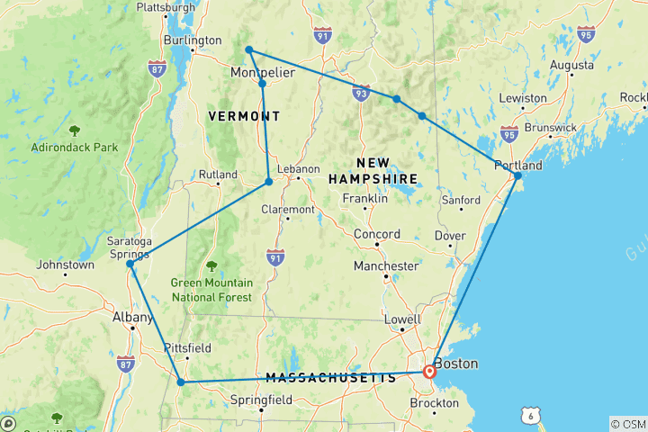 Map of New England's Fall Foliage (Small Groups, 8 Days, Boston Airport And Post Trip Hotel Transfer)