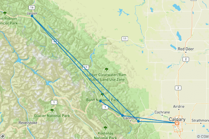 Carte du circuit Les spectaculaires Rocheuses et Glaciers de l'Alberta - petits groupes, 8 jours, transfert de l'aéroport de Calgary et de l'hôtel après le voyage