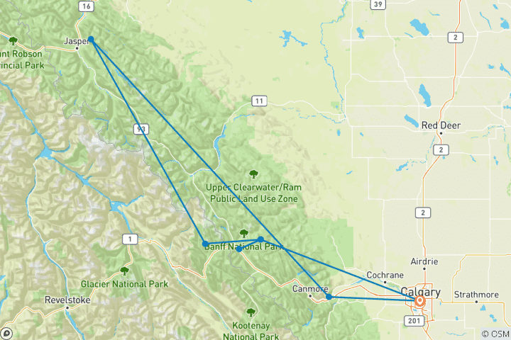 Carte du circuit Les spectaculaires Rocheuses et Glaciers de l'Alberta - Classique, 8 jours, transfert de l'aéroport de Calgary et de l'hôtel après le voyage