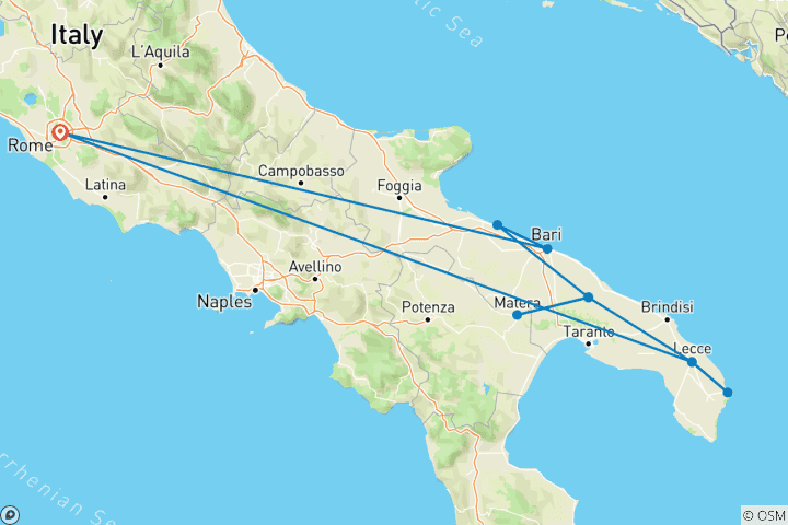 Kaart van Hoogtepunten van Puglia - vanuit Rome - 9 dagen
