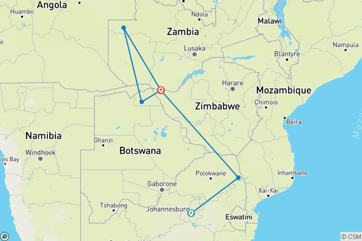 Map of Kruger, Victoria Falls & Chobe Family Adventure 7Days/6Nights