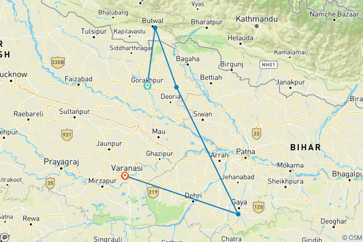 Karte von Pfad der Erleuchtung: Lumbini, Kushinagar, Bodhgaya & Sarnath