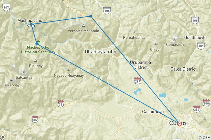 Map of Inka Jungle trek to Machupicchu 4-Day tour