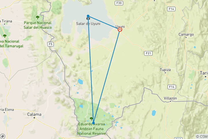 Map of Uyuni Salt Flat and Eduardo Avaroa Park 3-Day tour