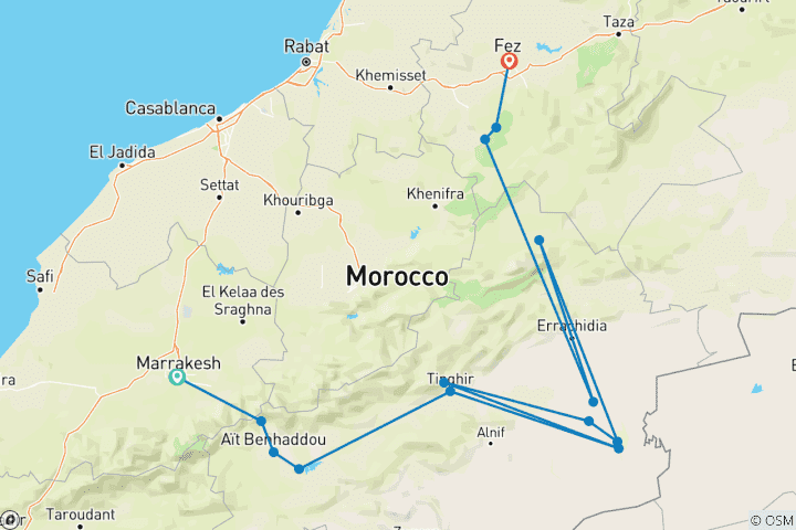 Kaart van 4-Daagse Tour van Marrakech naar Merzouga Erg Chebbi Glamping Woestijn naar Fes