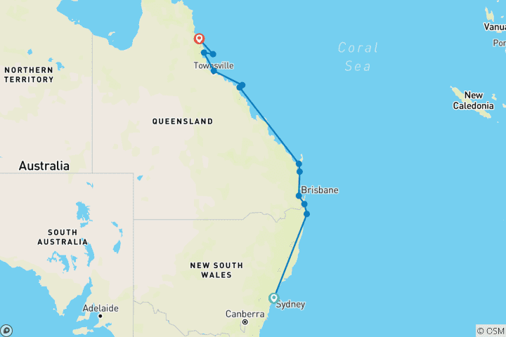 Karte von Australien: Ostküste Abenteuer 28 Tage