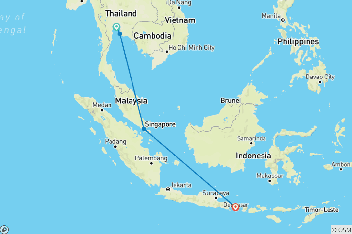 Mapa de Sudeste asiático exótico en 11 días: Tailandia, Singapur y la isla de Bali