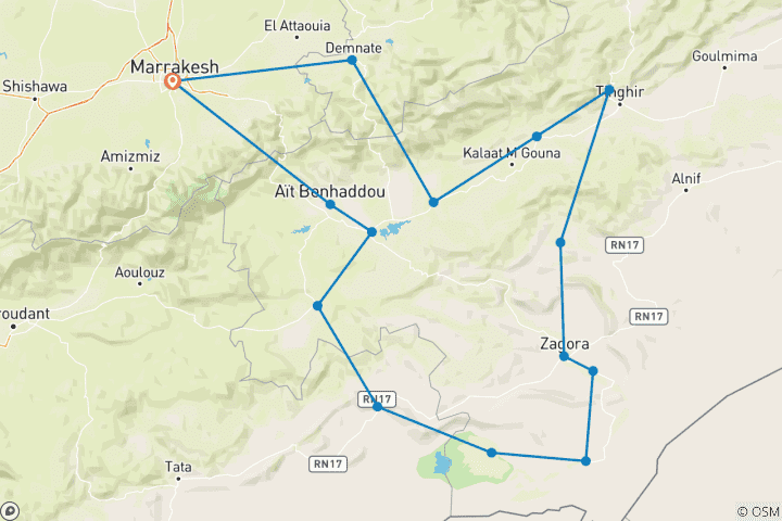 Karte von 11-tägige Kulturreise abseits der ausgetretenen Pfade und der Wüste Erg Chigaga ab Marrakesch