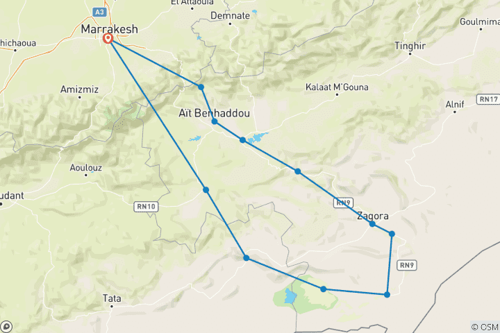 Karte von 4-tägige private Wüstentour von Marrakesch nach Erg Chigaga, luxuriöses Wüstencamp