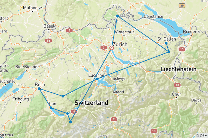 Map of Mountains, Valleys and Lakes of Switzerland