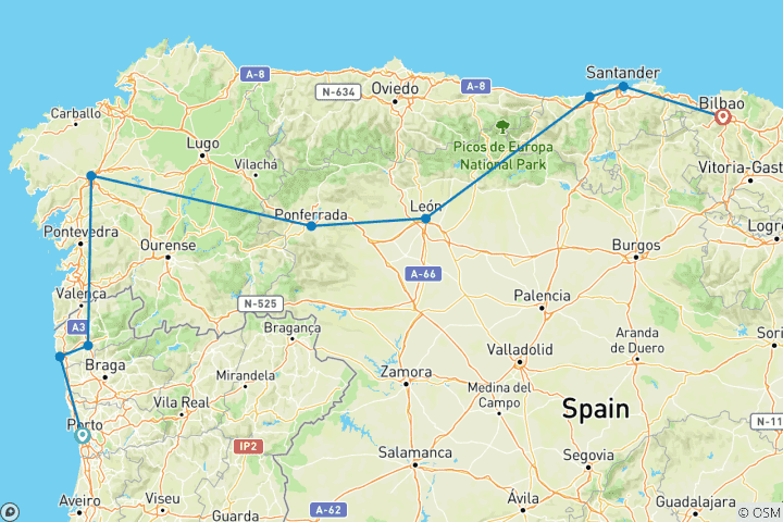 Mapa de Prueba el Camino: de Oporto a Bilbao
