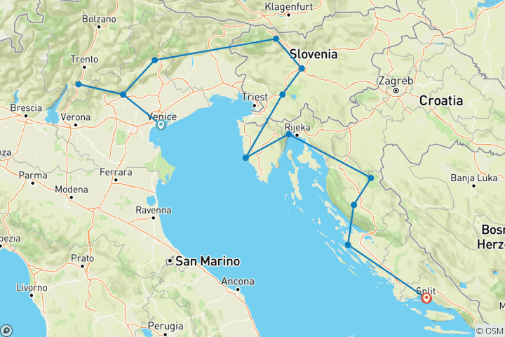 Carte du circuit Découverte de l'Adriatique : Italie du Nord, Slovénie et Croatie