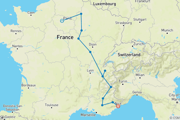 Map of Paris to Nice Through Vineyards and Mountains