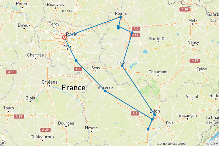 Mapa de Gran circuito de la burbuja: De Champaña a Borgoña