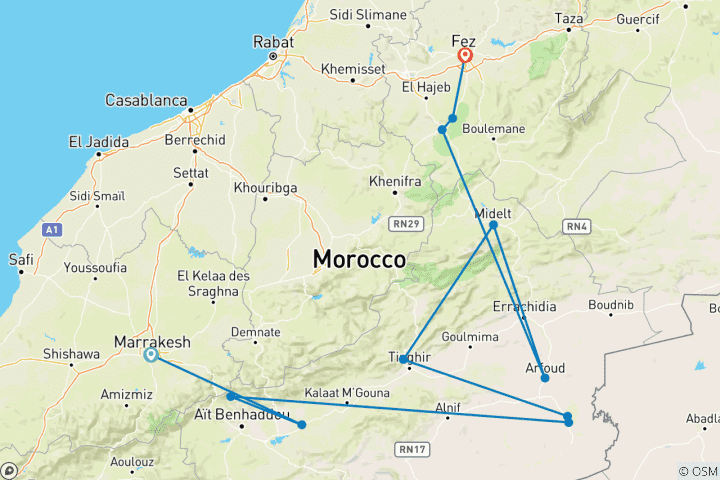 Kaart van 3-Daagse luxe woestijntour van Marrakech naar Merzouga woestijntour naar Fes